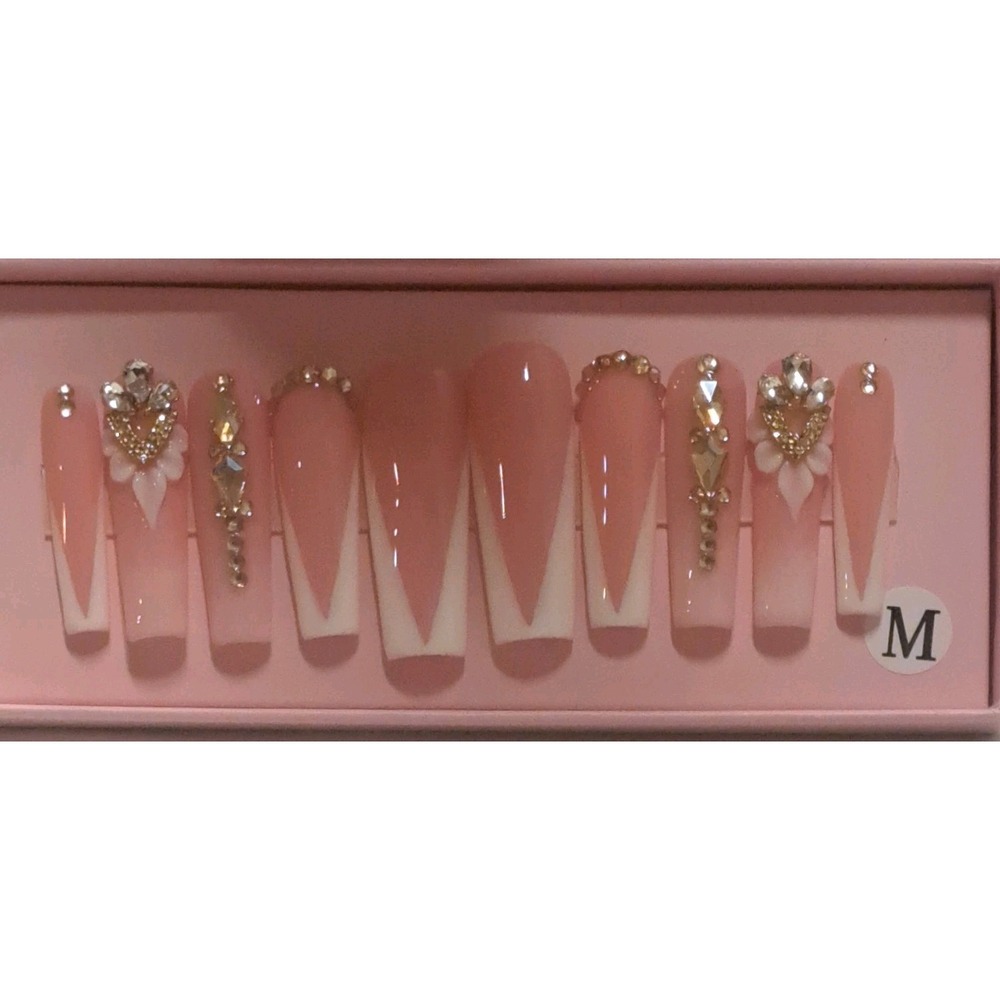Handmade Tapered Square Press On Nails Pink V Tip Gold Rhinestone Bling Glam